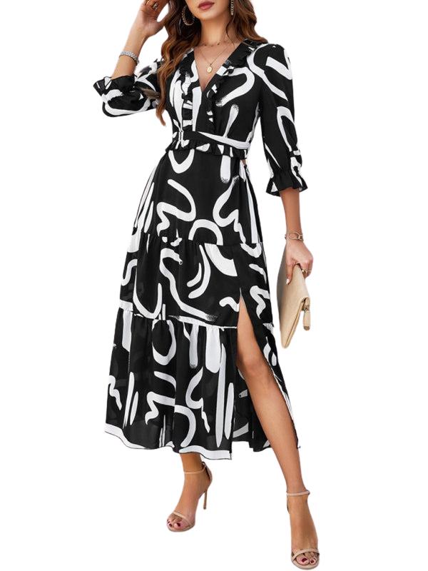 SHOPIQAT Spring and Summer New Holiday Casual Printed V-Neck Slit Dress - Premium from shopiqat - Just $10.100! Shop now at shopiqat